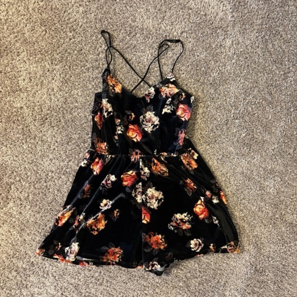 Xhilaration Black Velvet Romper with Floral Accents